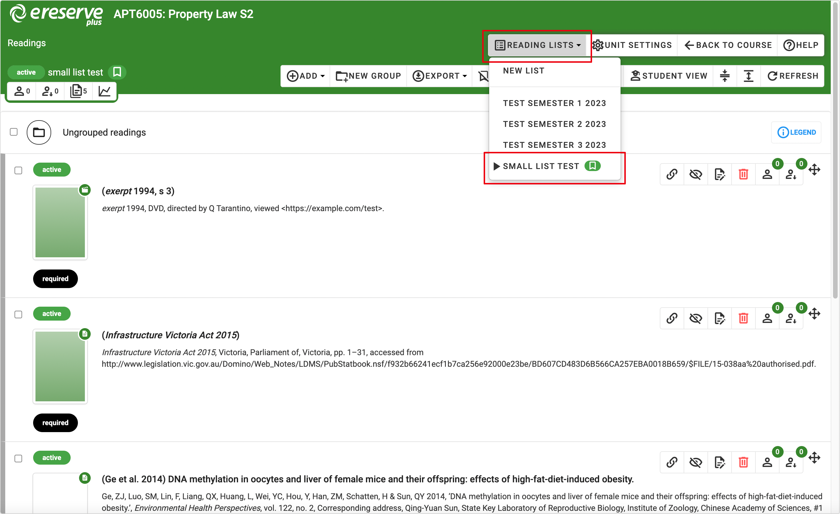 The list dropdown displays all created lists. The publish icon indicates which lists are published.