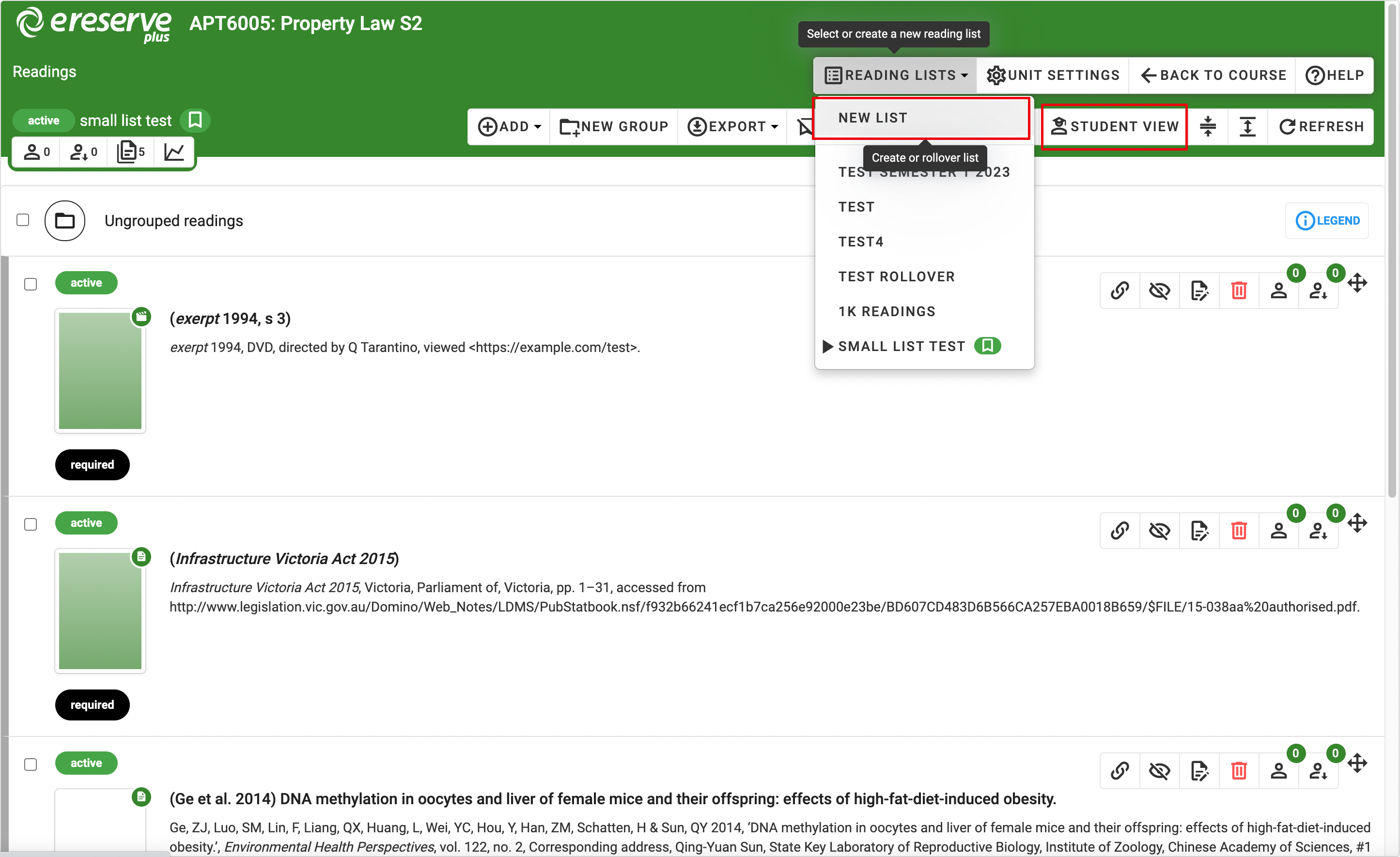 The New List and Student View options are available in the list management options