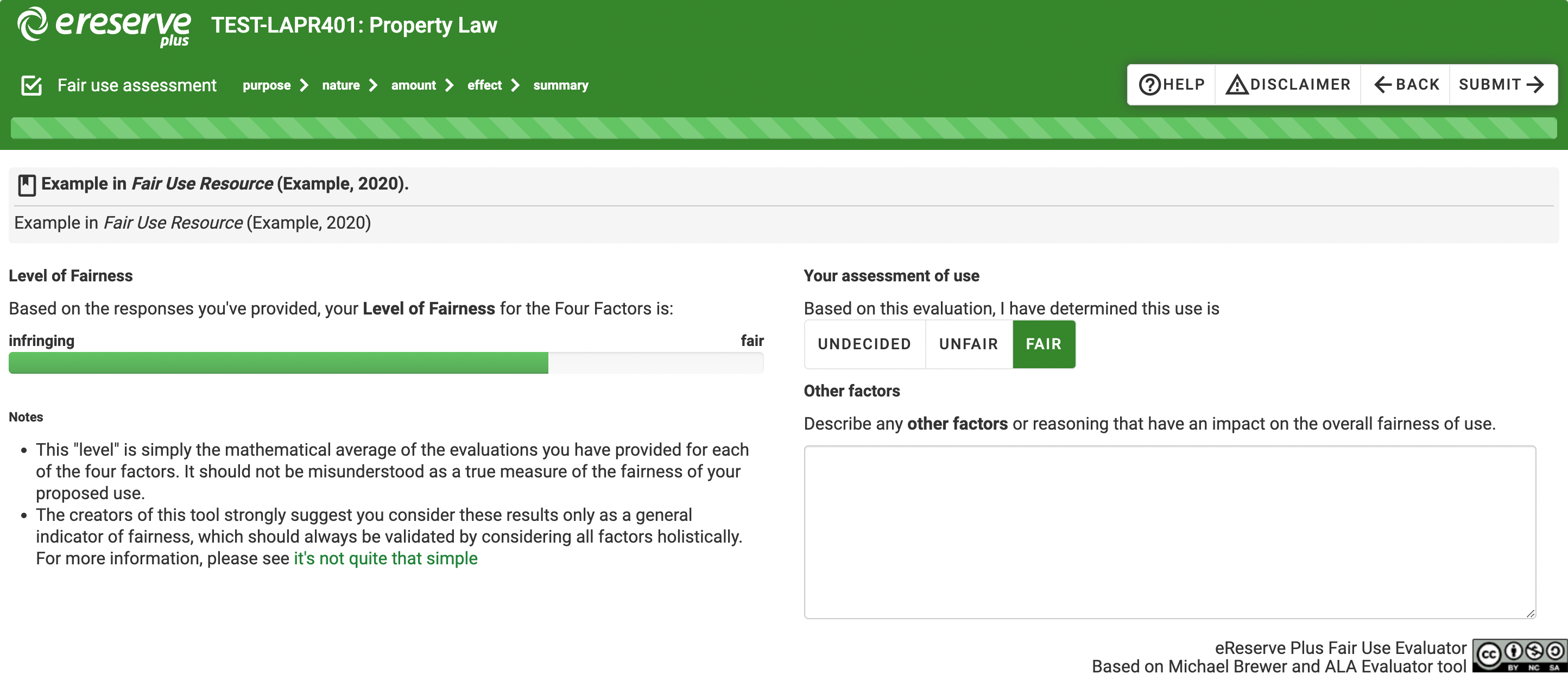The Level of Fairness and assement is displayed in the Summary page