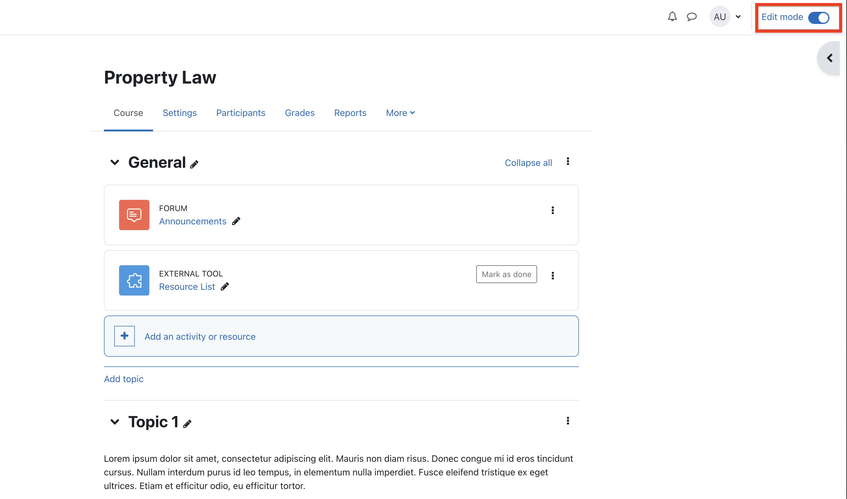 The Edit toggle for the course page has been switched to On