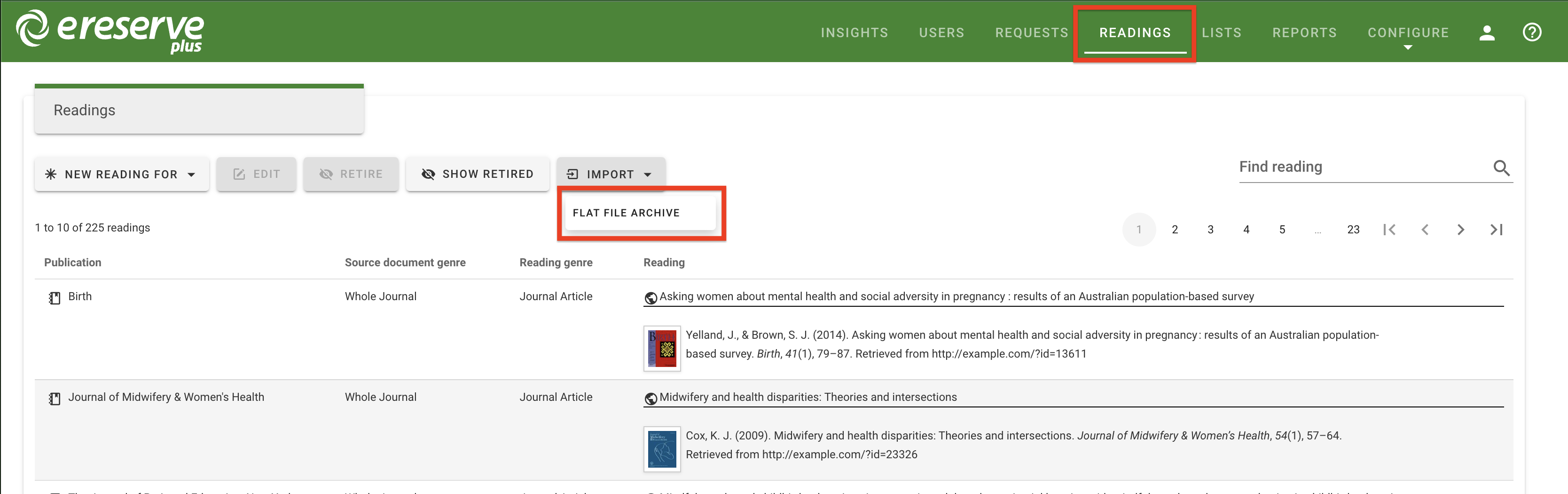 The flat file import option in readings management