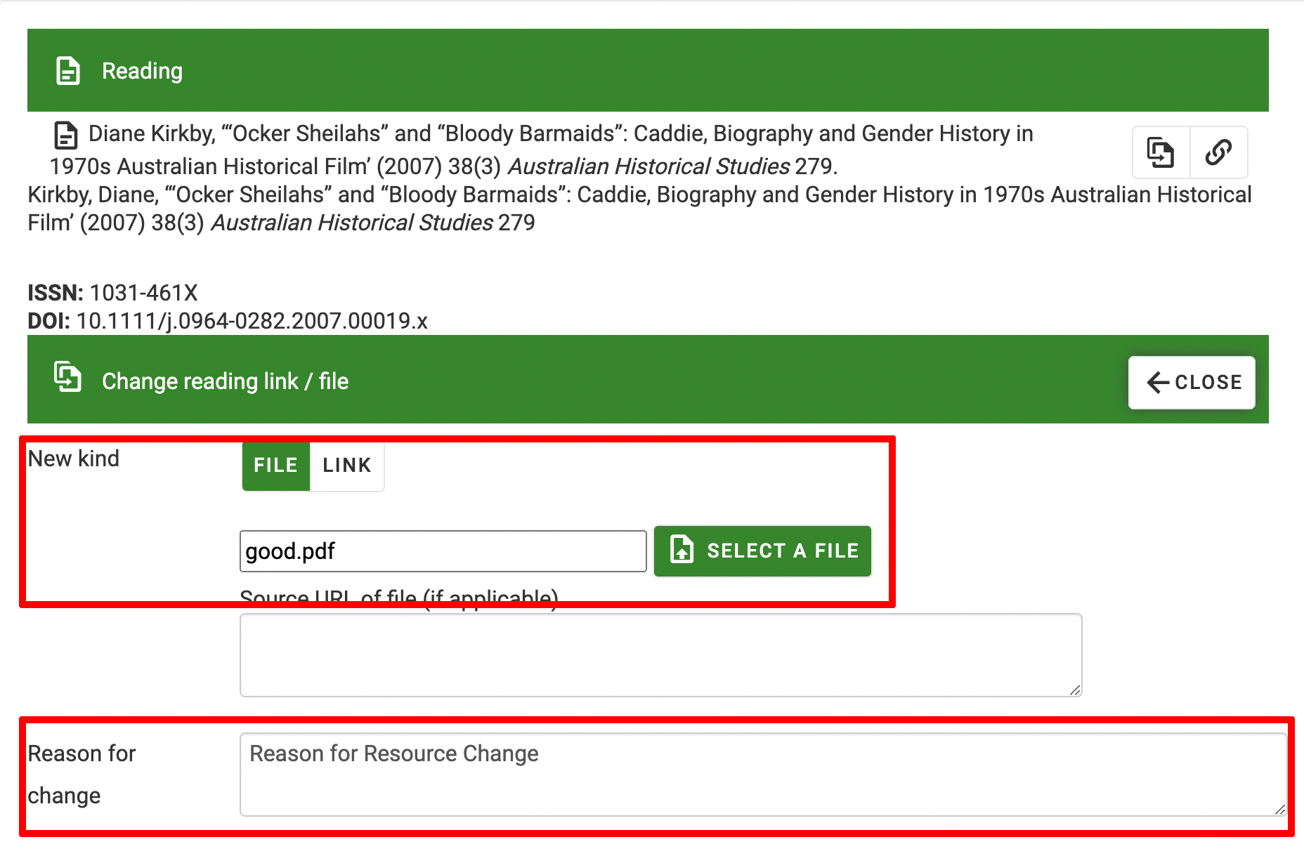 A file has been selected and the Reason for Change field has been populated to provide context