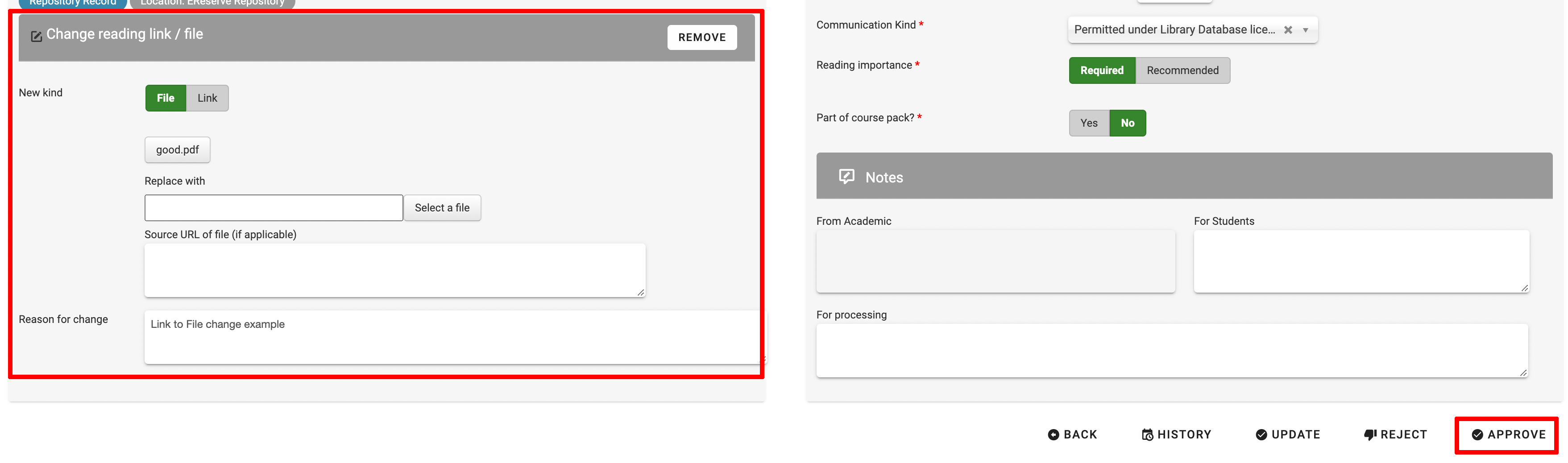 The link or file change can be reviewed in the request, with the option to approve available on the bottom right of the page.