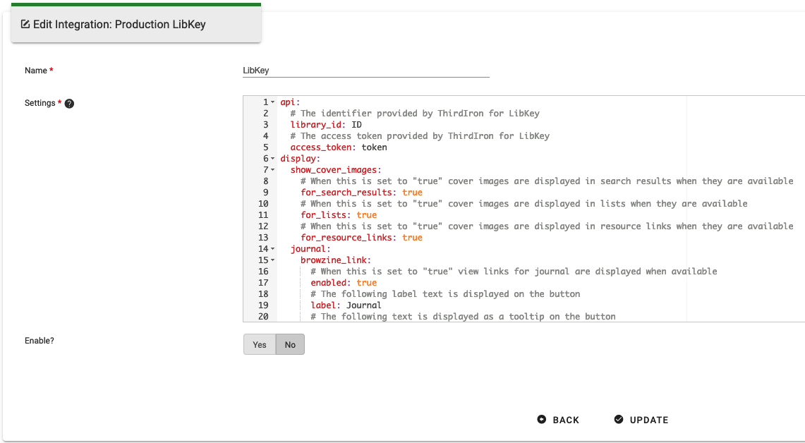 The Libkey Integration form