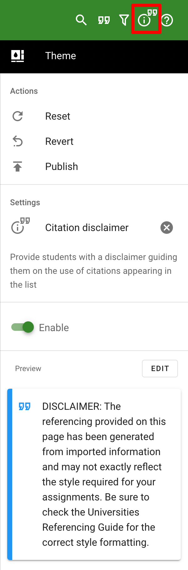 The Citation Disclaimer preview, displaying an example Citation Disclaimer message