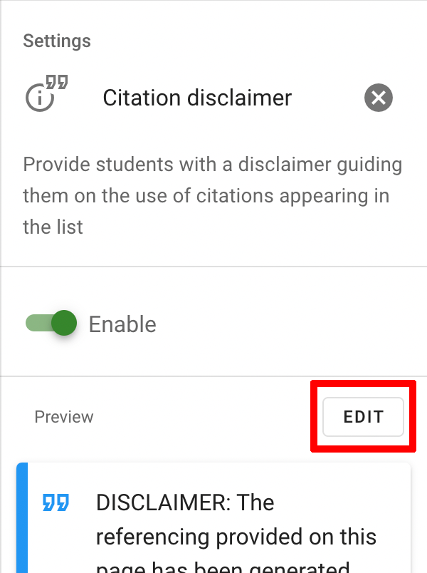 The Edit option for the Citation disclaimer