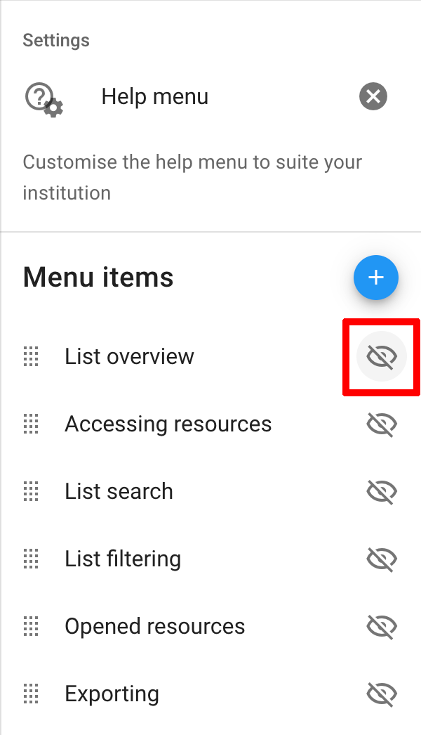 All Help items are visible with the Hide option to the right of each item