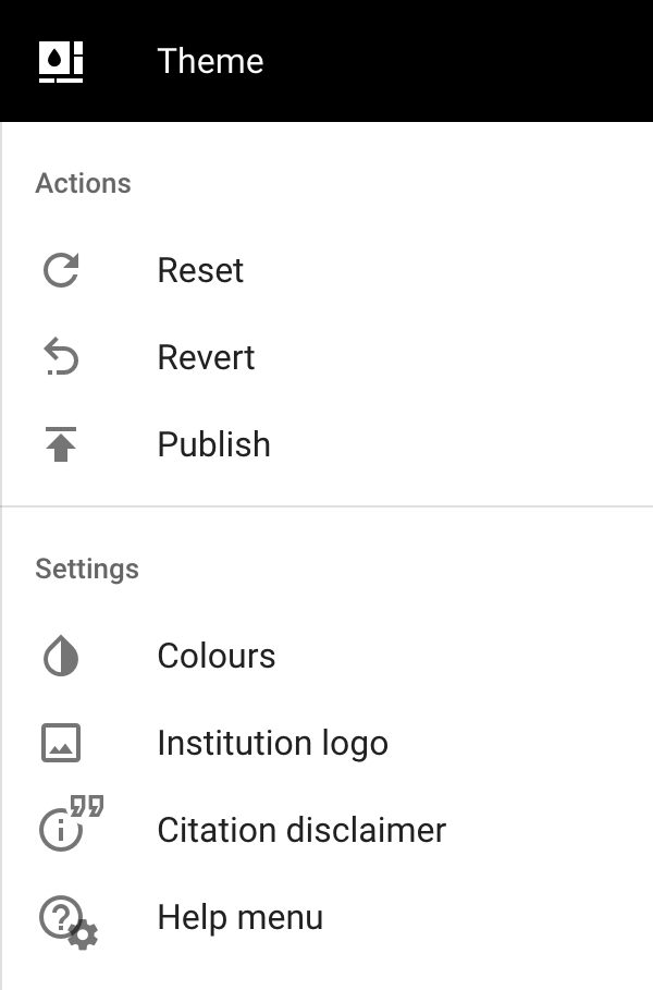 The Student theme configuration Actions and Settings Sidebar