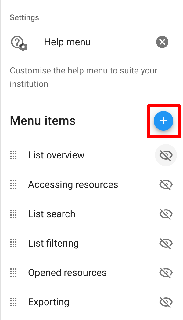 The Add Help button on the top right of the Menu items options