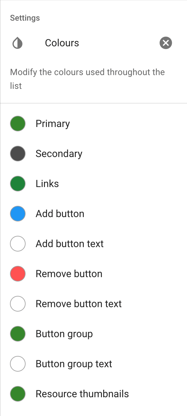 The colour options available under the Colours settings menu