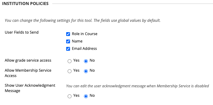 LTI 1.3/Advantage Tool, Institution Policies