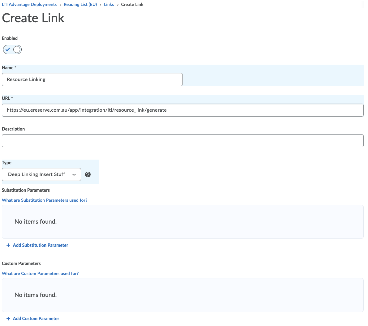 Figure 4: Creation of Resource Link Tool