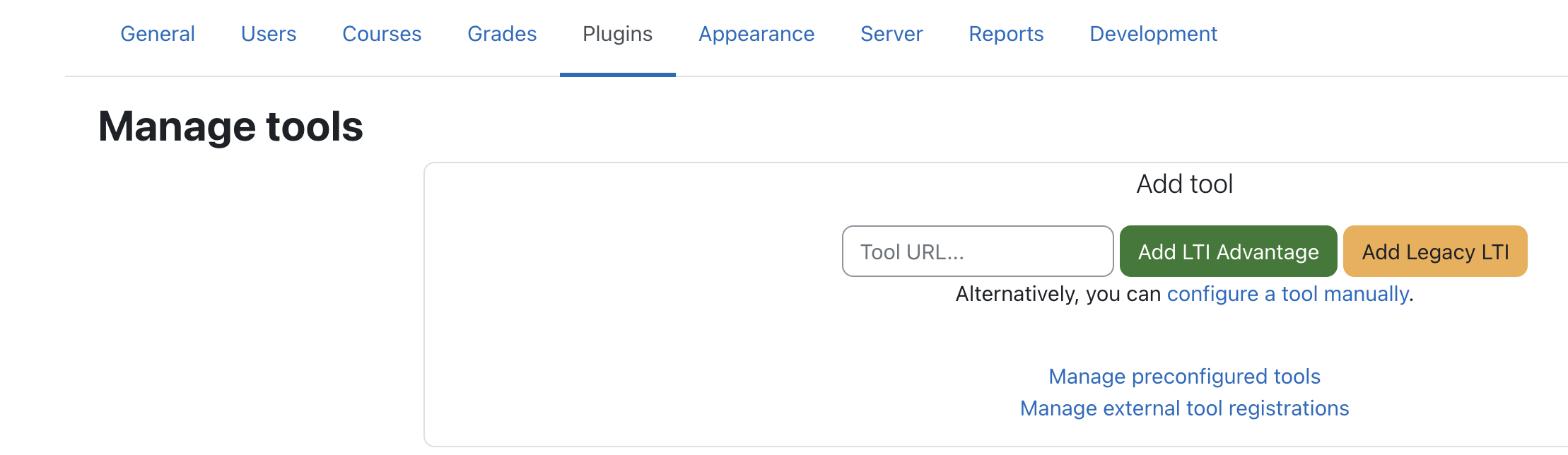 The Manage Tools page in Moodle