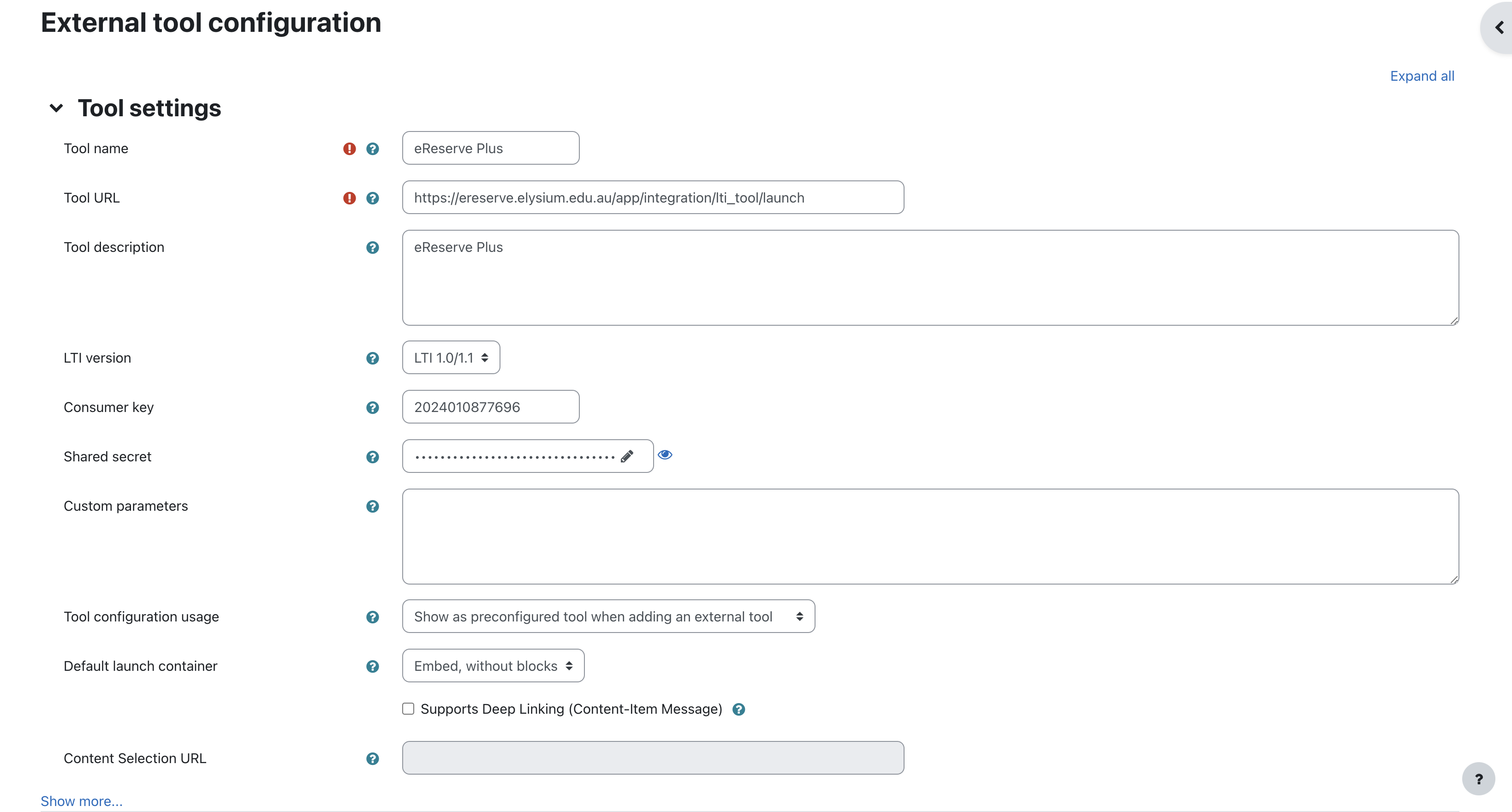 The Tool Settings page