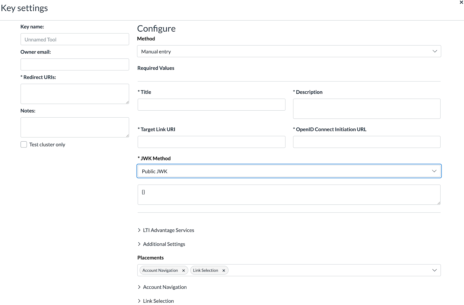 The LTI Key creation form