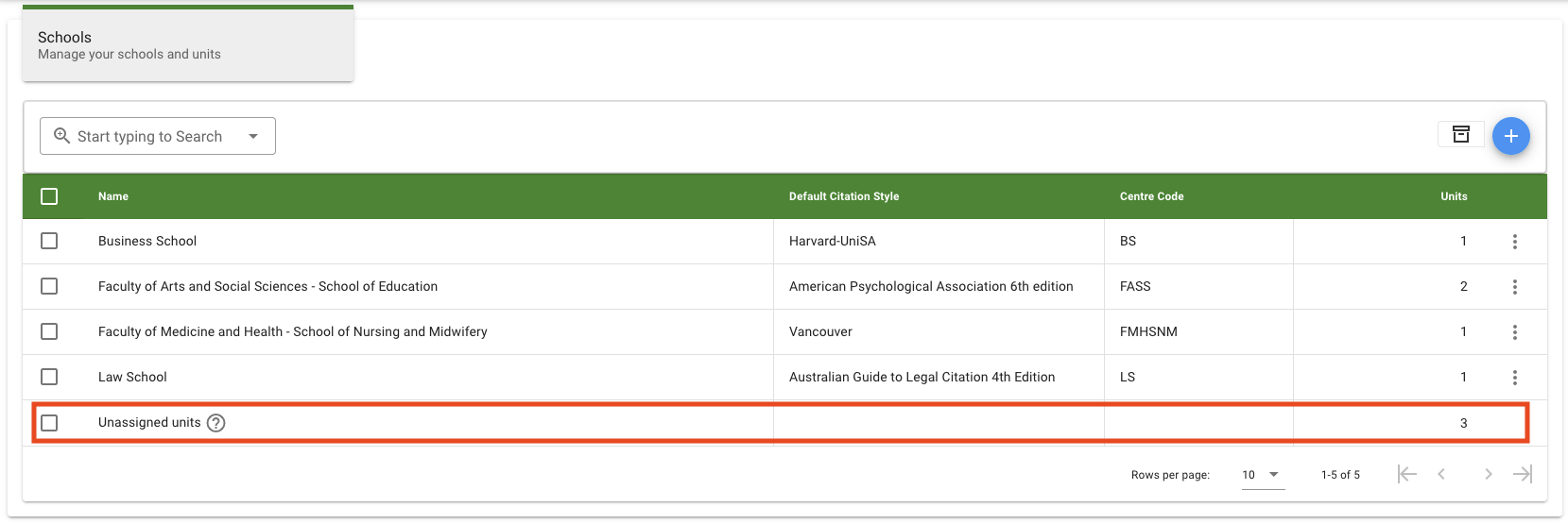 The final row of the Schools list is the Unassigned Courses row